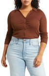 Madewell Ruched Polo Cardigan In Soft Mahogany