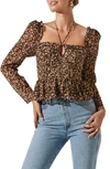 Astr Toni Tie Neck Peplum Top In Brown Yellow Ditsy