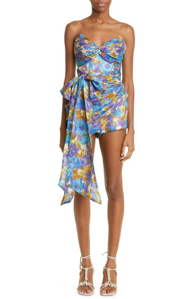 Zimmermann High Tide Printed Strapless Linen-blend Playsuit In Blue Ikat Floral