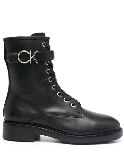 Calvin Klein Logo-buckle Combat Boots In Black