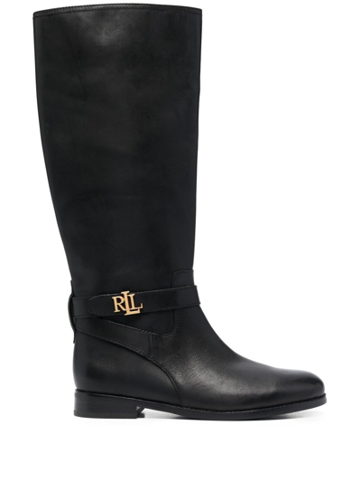 Lauren Ralph Lauren Brittaney Logo-plaque Boots In Black Leather