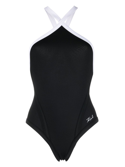 Karl Lagerfeld Karl Dna Rib Swimsuit In Black