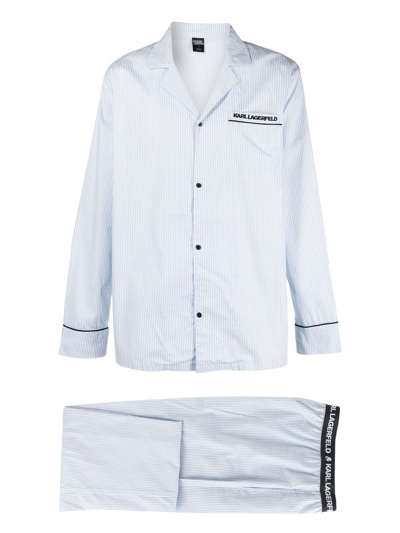Karl Lagerfeld Striped Embroidered-logo Pyjama Set In Blue