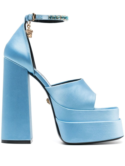 Versace Medusa Aevitas Embellished Satin Platform Sandals In Blue