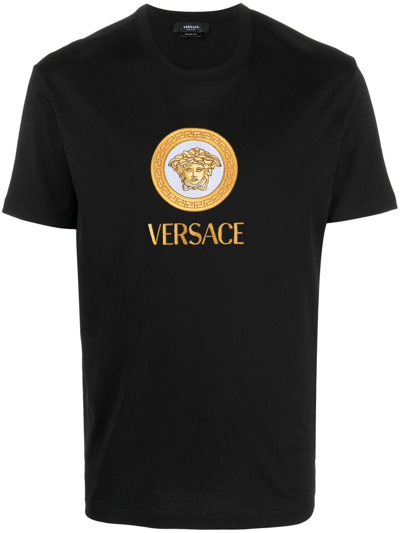 Versace Embroidered Medusa Logo T-shirt In Black