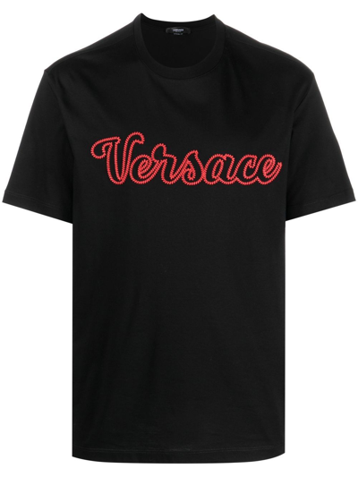 Versace Varsity Logo-embroidered T-shirt In Black