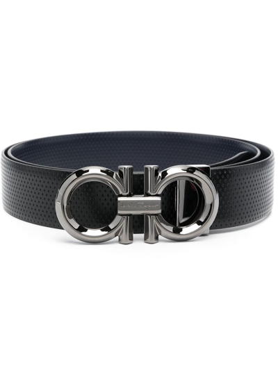Ferragamo Double-gancini Leather Belt In Black