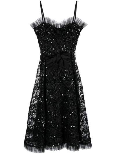 Pre-owned Saint Laurent 1980s Sequinned Lace Flared Dress In Black