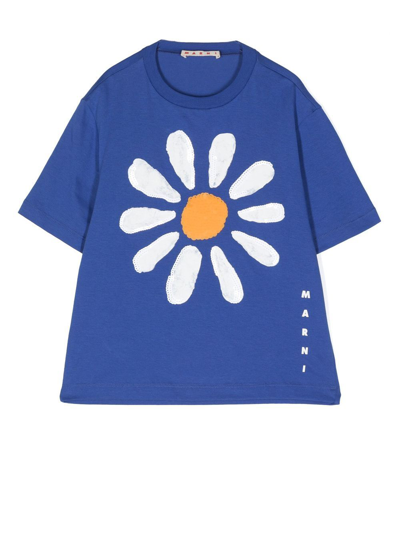 Marni Kids' Sequinned Daisy-print T-shirt In Blue