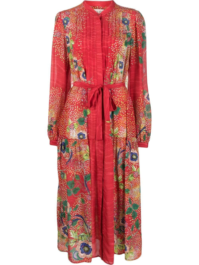 Saloni Remi B Floral-print Silk Belted Shirt Dress In Red Multi