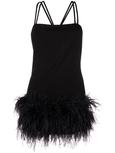 Attico Fujiko Feather-trim Side-slit Strappy Mini Dress In Black