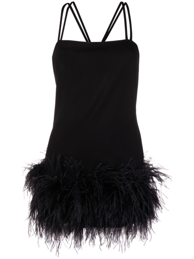 Attico Fujiko Feather-trim Side-slit Strappy Mini Dress In Nero