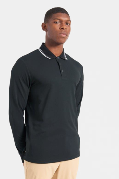 Ben Sherman Long Sleeve 360 Motion Pique Polo T-shirt In Black