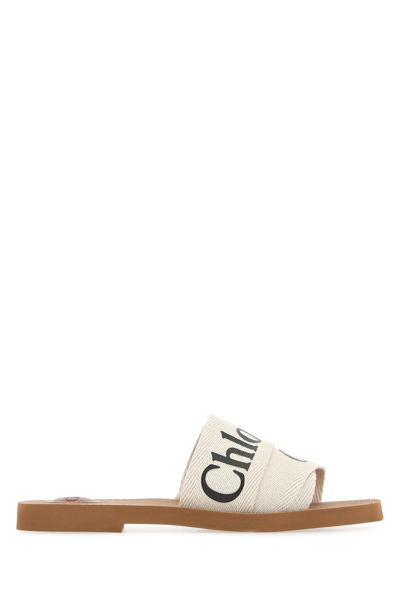 CHLOÉ CHLOE IVORY LINEN WOODY SLIPPERS