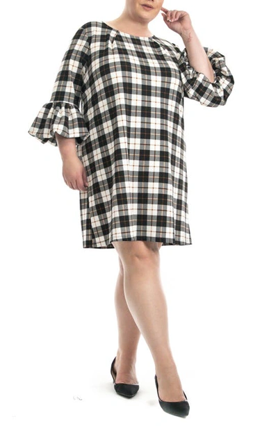Nina Leonard Scuba Plaid Shift Dress In Ivory/ Black/ Mocha