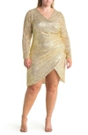 By Design Frances Sequin Side Ruched Wrap Mini Dress In Gold/ Ivory