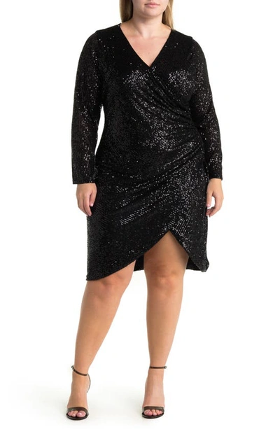 By Design Frances Sequin Side Ruched Wrap Mini Dress In Black