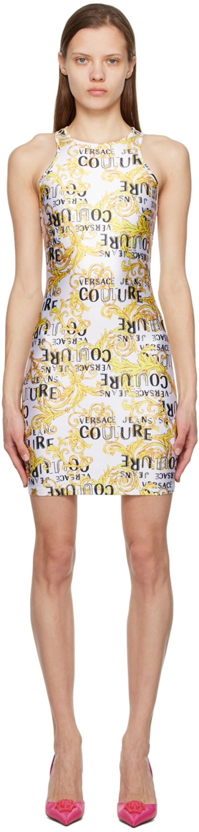 Versace Jeans Couture Logo-print Sleeveless Minidress In Eg03 White + Gold