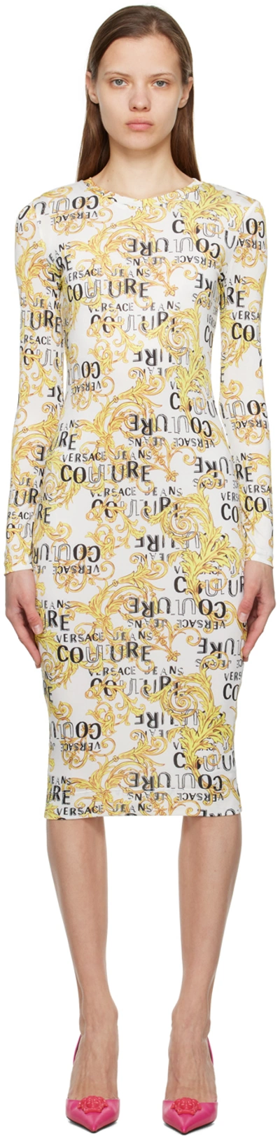 Versace Jeans Couture White Graphic Midi Dress In Eg03 White + Gold