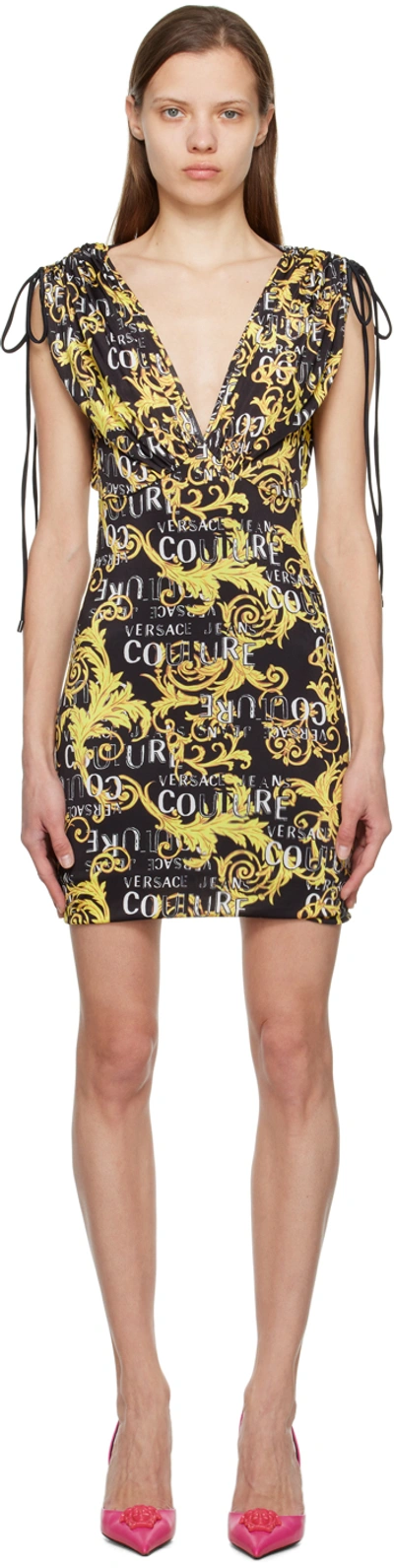 VERSACE JEANS COUTURE BLACK V-NECK GRAPHIC MINIDRESS