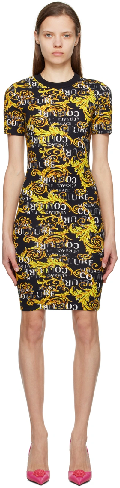 Versace Jeans Couture Black Graphic Minidress In Eg89 Black/gold