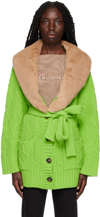 Blumarine Faux Fur-trimmed Wool Cardigan In Fluo Green