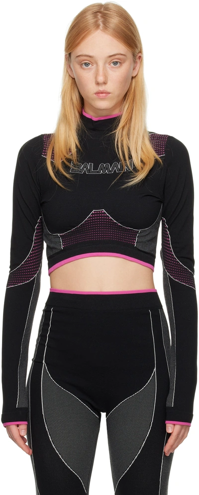 Balmain Logo Bustier Seamless Jersey Crop Top In Eeh Noir/fuchsia