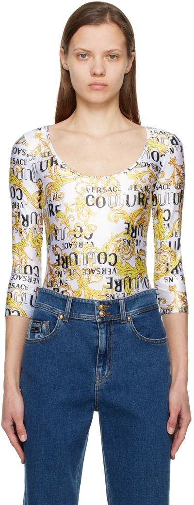 Versace Jeans Couture White Graphic Bodysuit In White Gold
