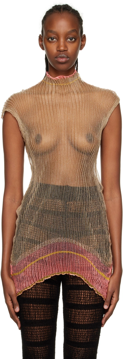 Vitelli Sheer Ribbed-knit Top In Beige,/pink/gold