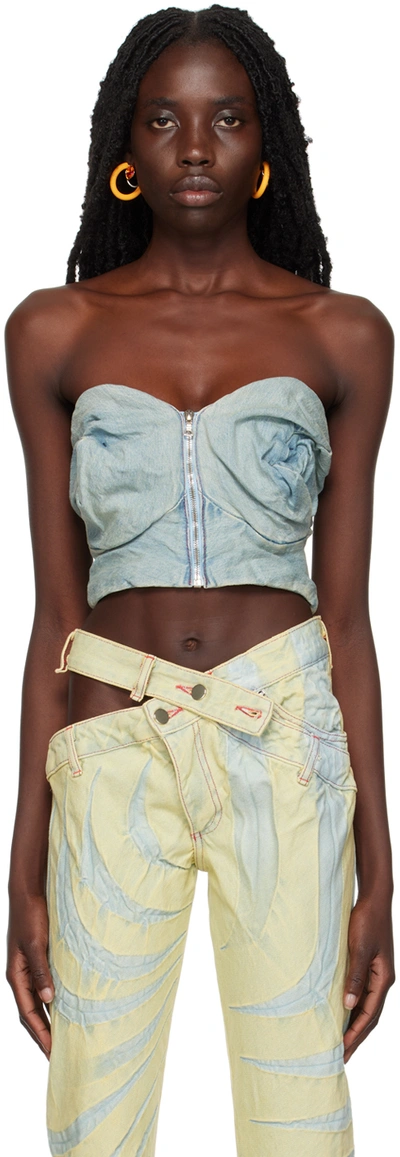 Masha Popova Blue Strapless Denim Crop Top