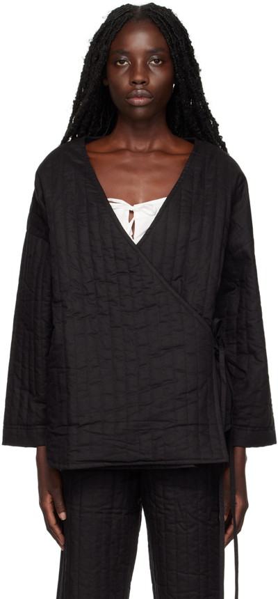 Deiji Studios Quilted Padded Linen And Cotton-blend Wrap Top In Black