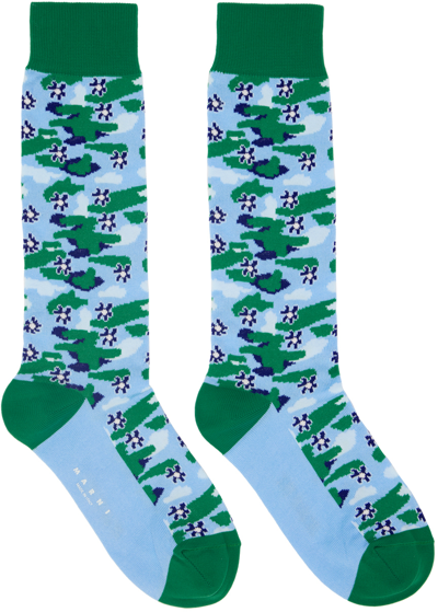 Marni Floral Camouflage-pattern Socks In Blue