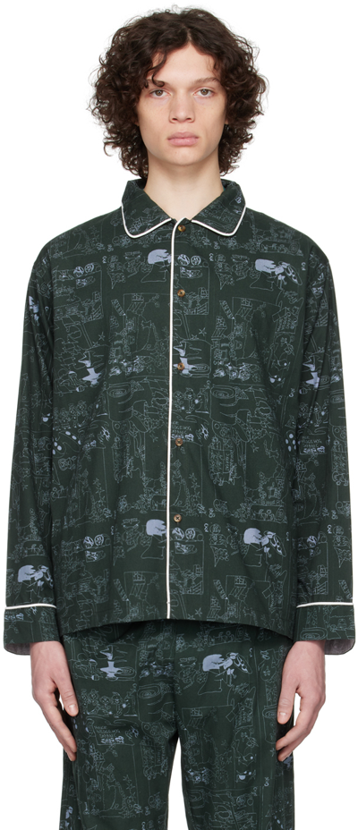 Brain Dead Green Hedgehog Pyjama Shirt In Forest Green