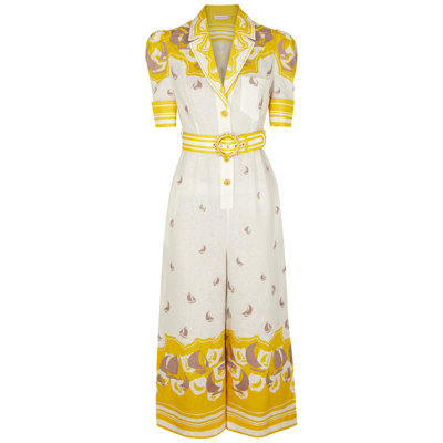 Zimmermann High Tide Belted Linen Crop Jumpsuit In Yellow Sailboats