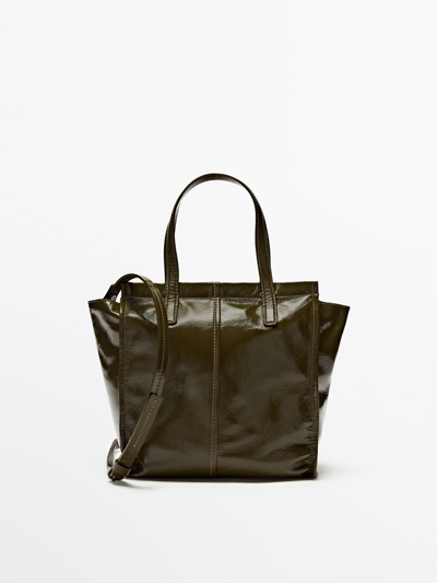 Massimo Dutti Mini Leather Tote Bag With A Crackled Finish In Khaki