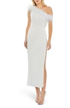 Mac Duggal Feather Trim One Shoulder Draped Dress In White