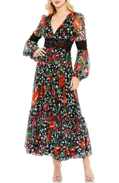 Mac Duggal V-neck Floral Long Puff Sleeve Ruffle Midi Dress In Black Multi