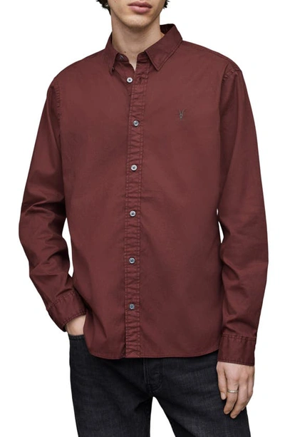 Allsaints Hawthorne Cotton Solid Button Down Shirt In Maroon Red