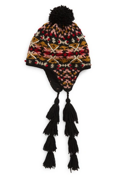 French Knot Sedona Ear Flap Wool Hat In Black