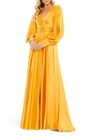 Mac Duggal Ieena Satin Split-sleeve Gown In Marigold