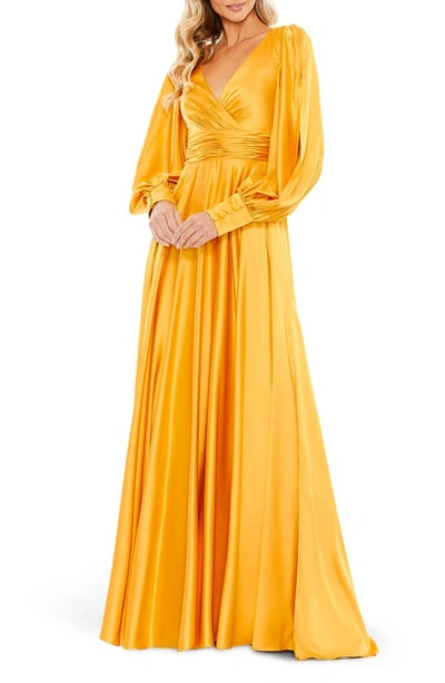 Mac Duggal Ieena Satin Split-sleeve Gown In Marigold