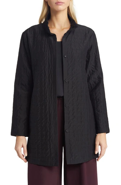 Eileen Fisher Quilted Stand Collar Silk Longline Jacket In Black