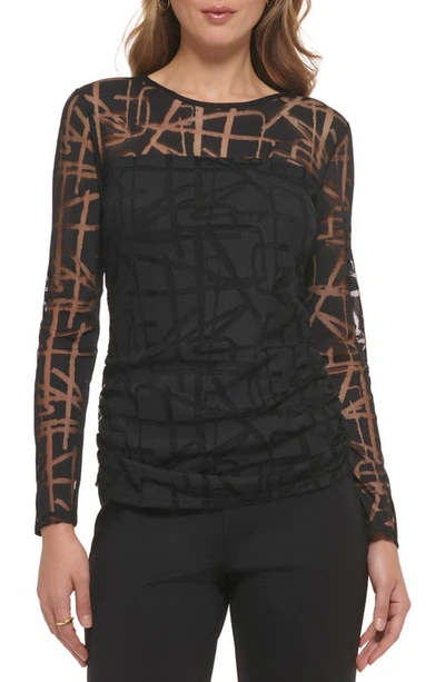 Dkny Side Ruched Jacquard Mesh Top In Black