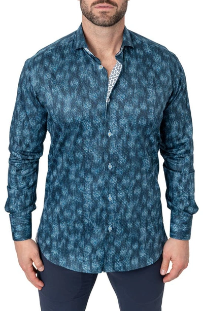 Maceoo Einstein Leaves Micro Print Blue Contemporary Fit Button-up Shirt