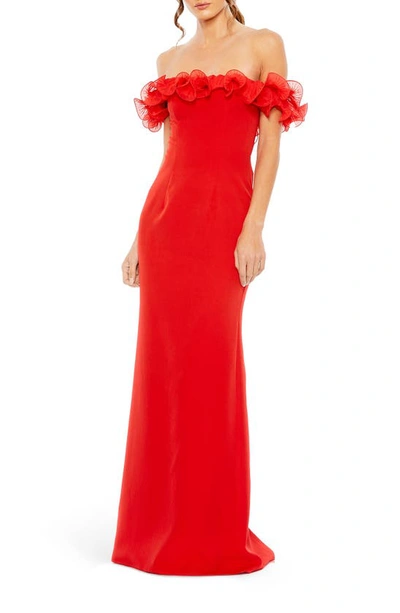 Ieena For Mac Duggal Off The Shoulder Ruffle Detail Column Gown In Red