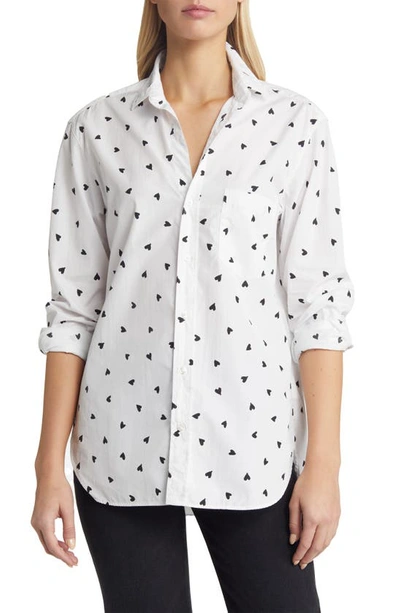 Frank & Eileen Joedy Heart Print Cotton Button-up Shirt In White W/ Black Hearts