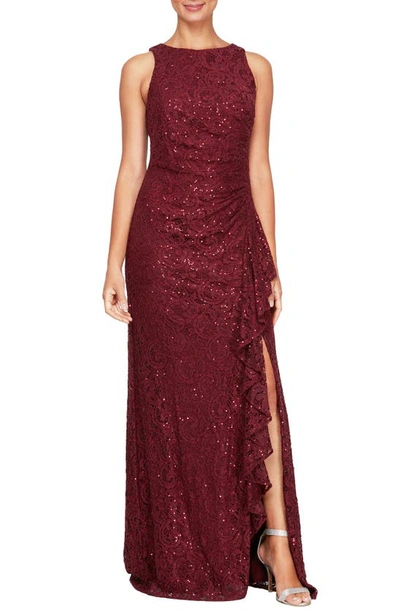 Alex Evenings Ruffle Sequin Lace Gown In Wine