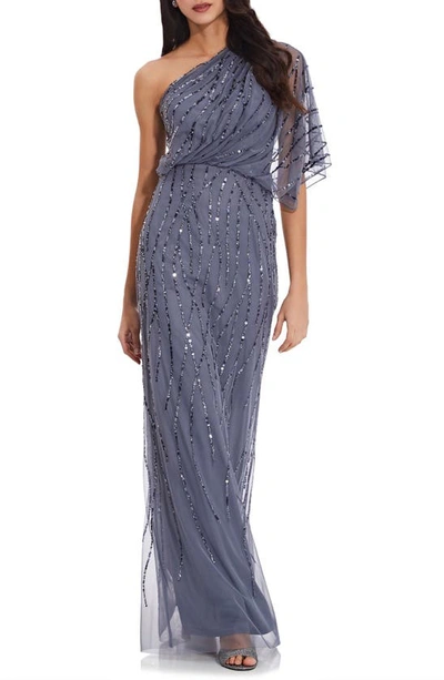 Adrianna Papell One Shoulder Beaded Dress In Dusty Blue