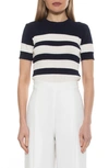 ALEXIA ADMOR PAT STRIPE SHORT SLEEVE SWEATER TOP