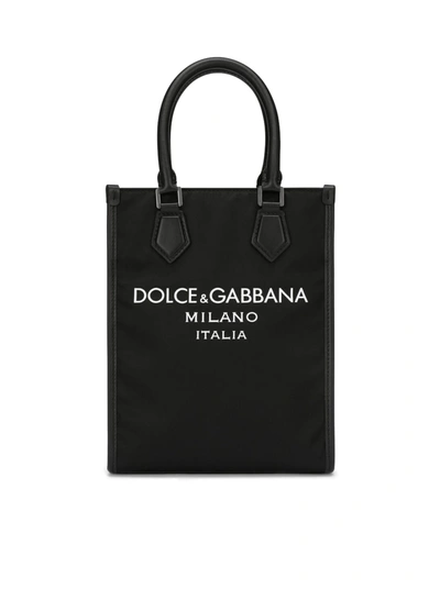 Dolce & Gabbana Small Nylon Bag With Rubberized Logo In Black